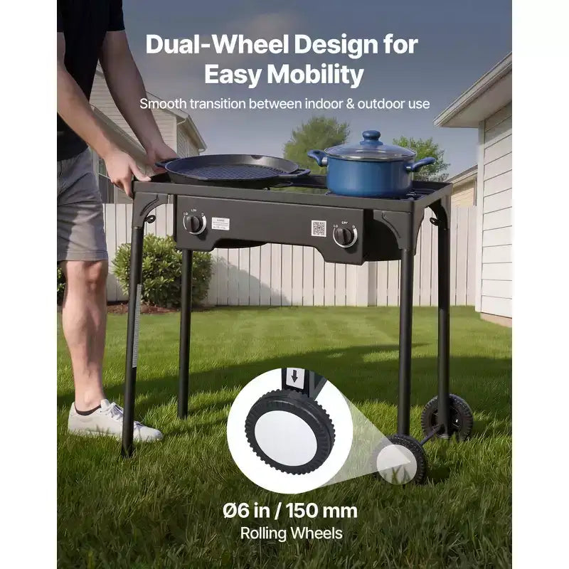 Cuisinière à gaz propane d'extérieur à 2 brûleurs VEVOR, réchaud de camping à gaz propane GPL 150 000 BTU avec 2 roues et régulateur de 20 PSI et tuyau, Noir