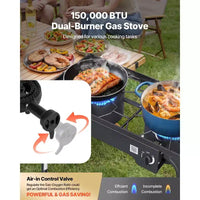 Cuisinière à gaz propane d'extérieur à 2 brûleurs VEVOR, réchaud de camping à gaz propane GPL 150 000 BTU avec 2 roues et régulateur de 20 PSI et tuyau, Noir