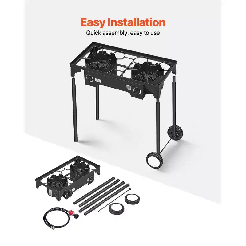 Cuisinière à gaz propane d'extérieur à 2 brûleurs VEVOR, réchaud de camping à gaz propane GPL 150 000 BTU avec 2 roues et régulateur de 20 PSI et tuyau, Noir