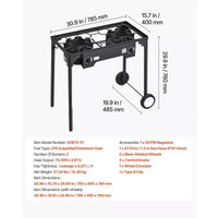 Cuisinière à gaz propane d'extérieur à 2 brûleurs VEVOR, réchaud de camping à gaz propane GPL 150 000 BTU avec 2 roues et régulateur de 20 PSI et tuyau, Noir