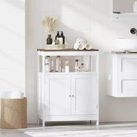 Meuble de rangement moderne avec double portes, organisateur de salle de bain autoportant avec étagère réglable et plateau en bois pour cuisine, entrée, blanc