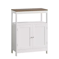 Meuble de rangement moderne avec double portes, organisateur de salle de bain autoportant avec étagère réglable et plateau en bois pour cuisine, entrée, blanc