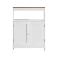 Meuble de rangement moderne avec double portes, organisateur de salle de bain autoportant avec étagère réglable et plateau en bois pour cuisine, entrée, blanc