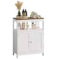 Meuble de rangement moderne avec double portes, organisateur de salle de bain autoportant avec étagère réglable et plateau en bois pour cuisine, entrée, blanc