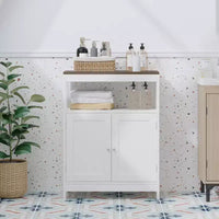 Meuble de rangement moderne avec double portes, organisateur de salle de bain autoportant avec étagère réglable et plateau en bois pour cuisine, entrée, blanc