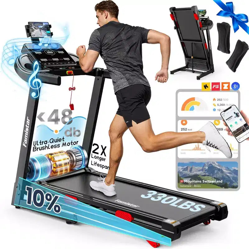 Tapis de course pliable avec inclinaison de 10 % pour la maison, moteur brushless silencieux, capacité de 150 kg, contrôle par application
