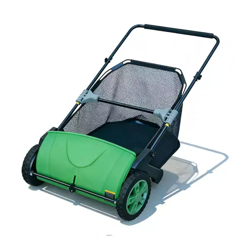 Balai à gazon manuel à pousser 21 po, collecteur de debris et feuilles de jardin avec sac de 3,5 pi³, hauteur de brosse reglable pour pelouses, vert fonce