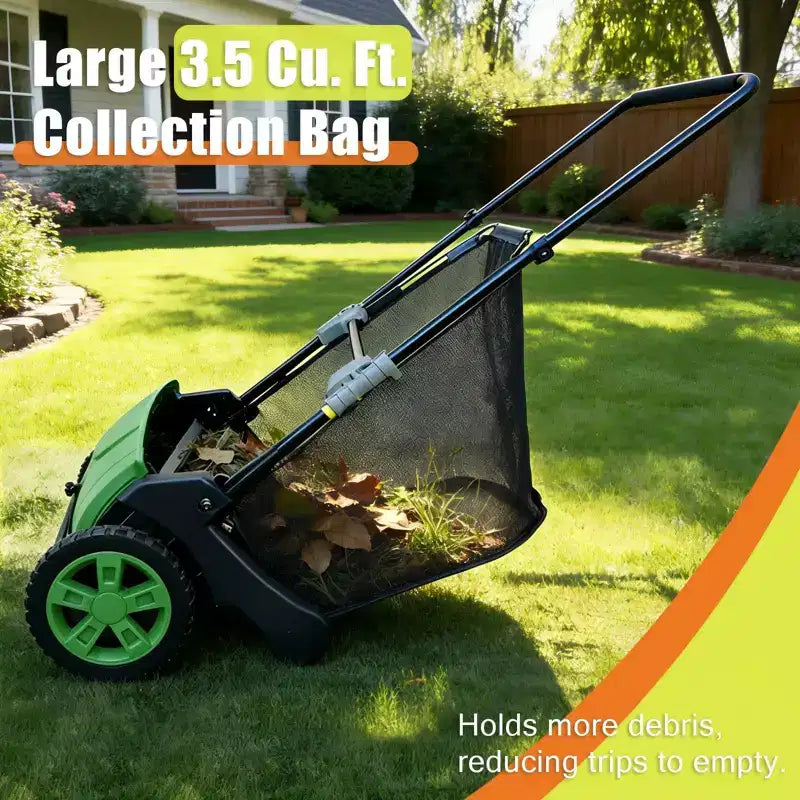 Balai à gazon manuel à pousser 21 po, collecteur de debris et feuilles de jardin avec sac de 3,5 pi³, hauteur de brosse reglable pour pelouses, vert fonce