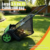 Balai à gazon manuel à pousser 21 po, collecteur de debris et feuilles de jardin avec sac de 3,5 pi³, hauteur de brosse reglable pour pelouses, vert fonce