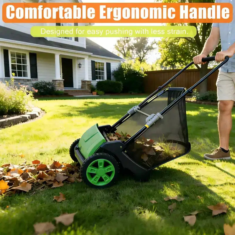 Balai à gazon manuel à pousser 21 po, collecteur de debris et feuilles de jardin avec sac de 3,5 pi³, hauteur de brosse reglable pour pelouses, vert fonce
