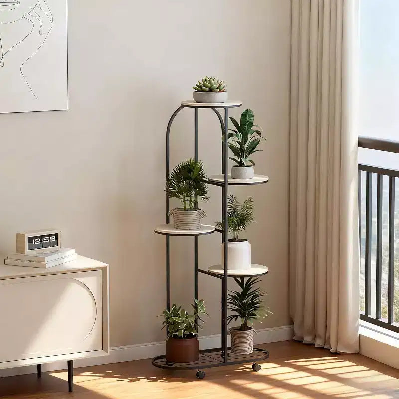 Support à plantes en metal avec roues, etagère d'angle à niveaux pour interieur et extérieur, support à plantes roulant noir mat pour salon, balcon et patio