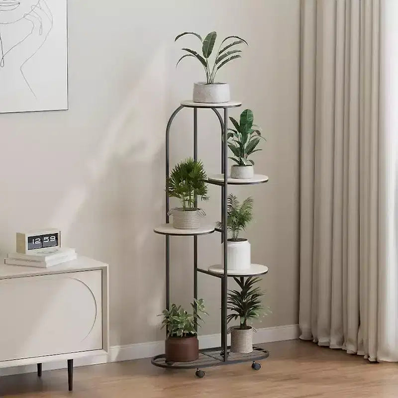 Support à plantes en metal avec roues, etagère d'angle à niveaux pour interieur et extérieur, support à plantes roulant noir mat pour salon, balcon et patio