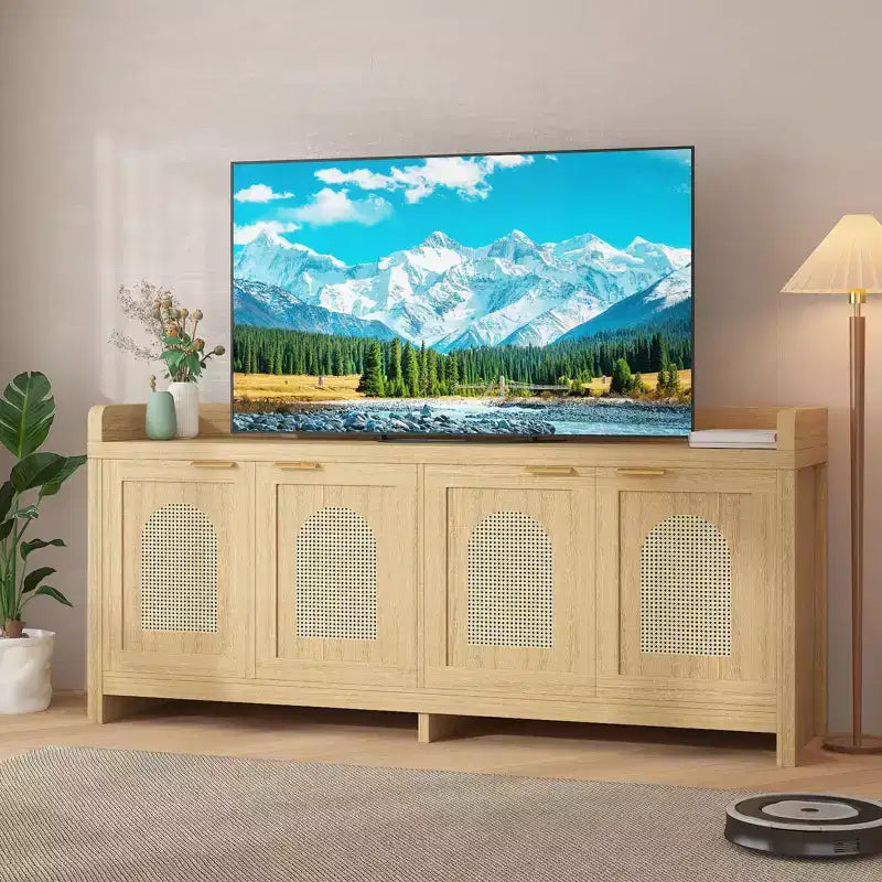 Meuble TV moderne en rotin, meuble de divertissement, portes en verre, armoires de rangement, pour salon, maison
