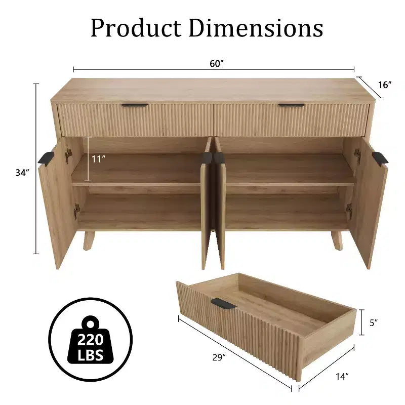 Buffet enfilade, 2 tiroirs, 4 portes, étagères réglables, rangement, pour maison, salon