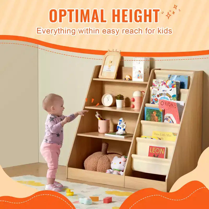Bibliothèque pour enfants à 4 niveaux et organisateur de rangement de jouets avec rack à livres en bandoulière à 6 couches pour salle de jeux, chambre d'enfant, jardin d'enfants et chambre