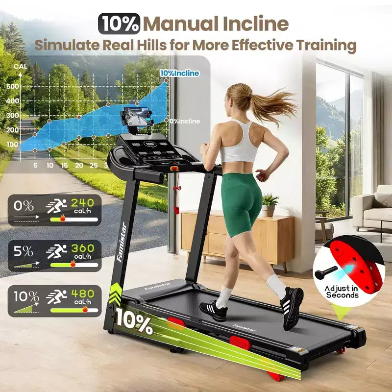 Tapis de course pliable en liquidation avec moteur puissant de 3,75 CV, inclinaison manuelle de 10 %, machine de course électrique avec contrôle intelligent par application, ceinture de course extra large