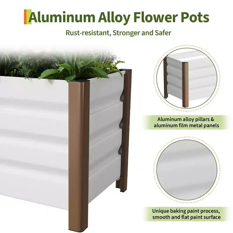 Grande jardinière rectangulaire en aluminium blanc, bac de jardin surélevé extra long avec coins arrondis et bords de sécurité anti-coupure