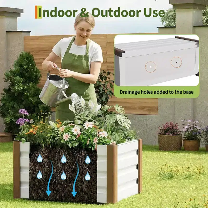Grande jardinière rectangulaire en aluminium blanc, bac de jardin surélevé extra long avec coins arrondis et bords de sécurité anti-coupure