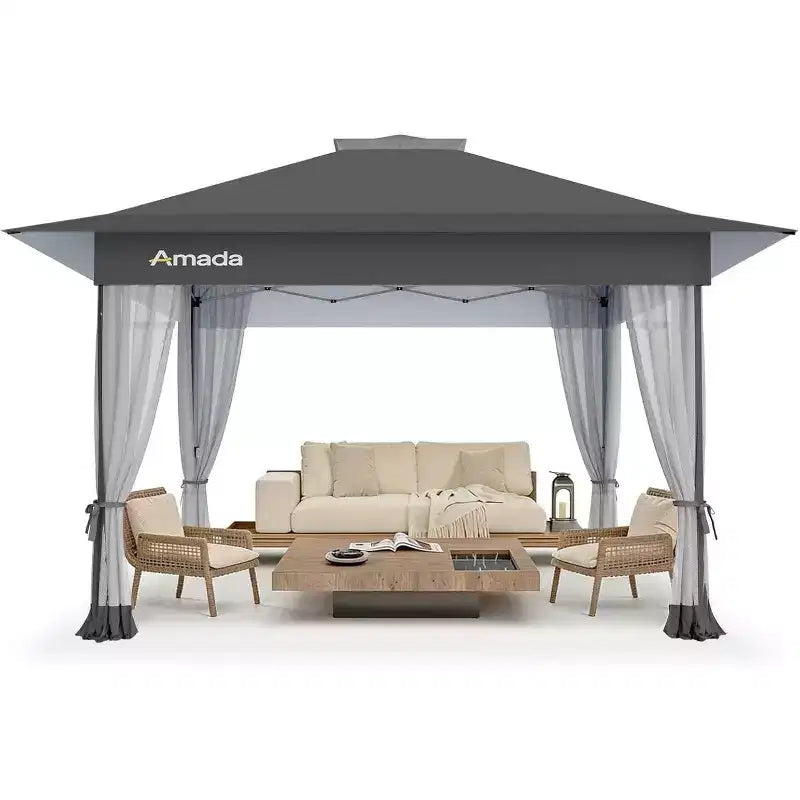 Amada, Gazebo pliant 13x13, Tonnelles en liquidation avec sac de transport à roulettes STO N Go, Tente de réception escamotable et pare-soleil, avec moustiquaire
