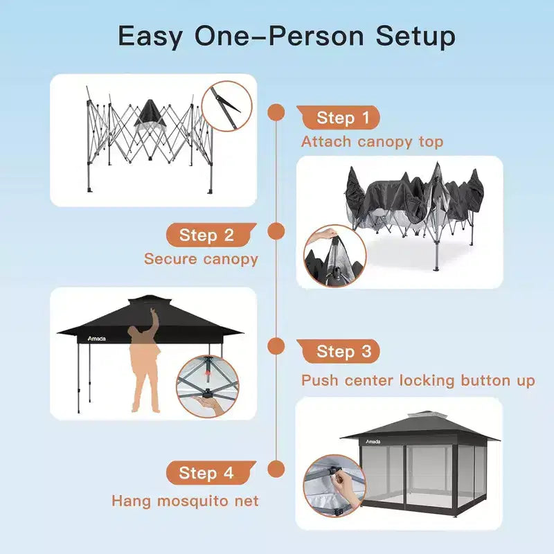 Amada, Gazebo pliant 13x13, Tonnelles en liquidation avec sac de transport à roulettes STO N Go, Tente de réception escamotable et pare-soleil, avec moustiquaire