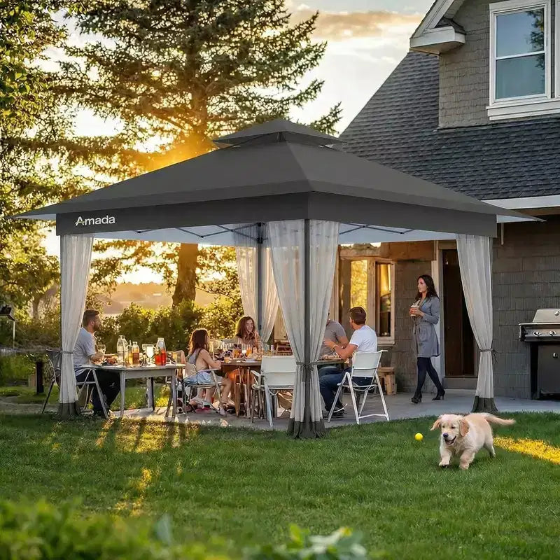 Amada, Gazebo pliant 13x13, Tonnelles en liquidation avec sac de transport à roulettes STO N Go, Tente de réception escamotable et pare-soleil, avec moustiquaire