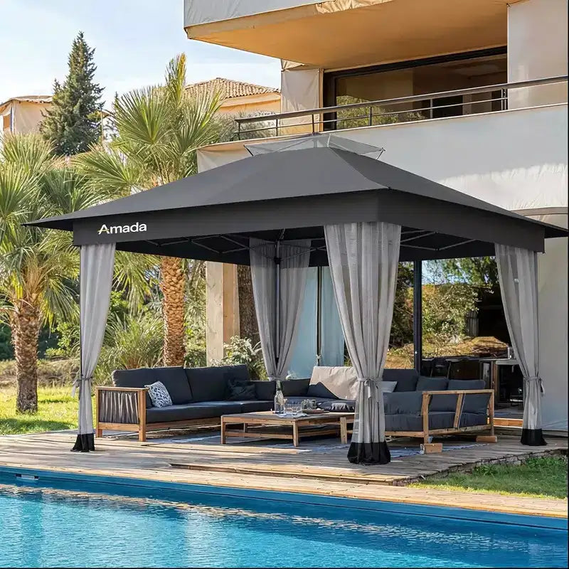 Amada, Gazebo pliant 13x13, Tonnelles en liquidation avec sac de transport à roulettes STO N Go, Tente de réception escamotable et pare-soleil, avec moustiquaire