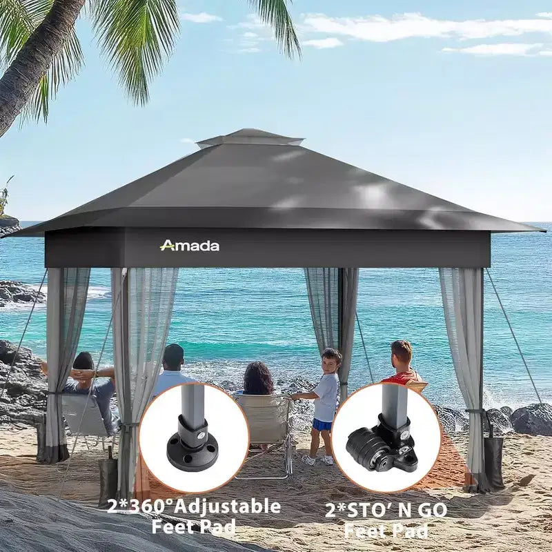 Amada, Gazebo pliant 13x13, Tonnelles en liquidation avec sac de transport à roulettes STO N Go, Tente de réception escamotable et pare-soleil, avec moustiquaire