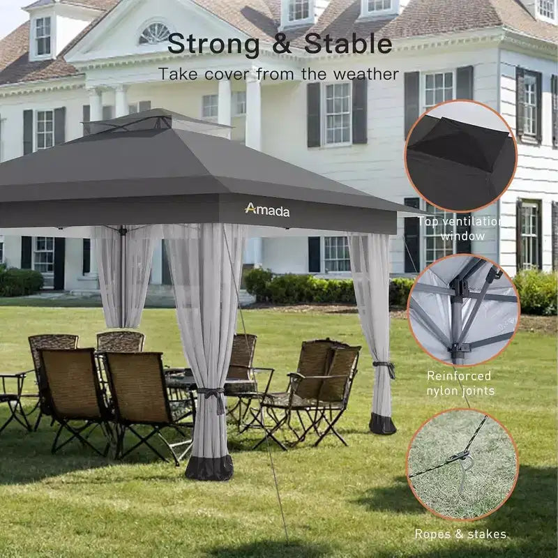 Amada, Gazebo pliant 13x13, Tonnelles en liquidation avec sac de transport à roulettes STO N Go, Tente de réception escamotable et pare-soleil, avec moustiquaire