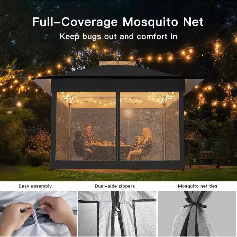 Amada, Gazebo pliant 13x13, Tonnelles en liquidation avec sac de transport à roulettes STO N Go, Tente de réception escamotable et pare-soleil, avec moustiquaire