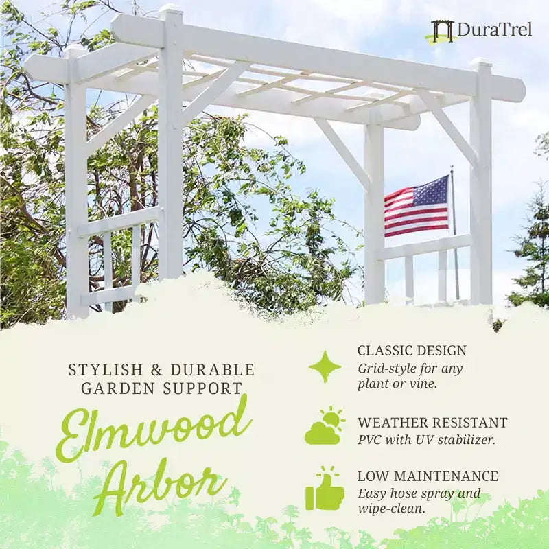 Arche de jardin Dura-Trel Elmwood, 57 x 84 pouces, en PVC, pour terrasse, décoration de cadre extérieur ou treillis pour plantes grimpantes, blanc