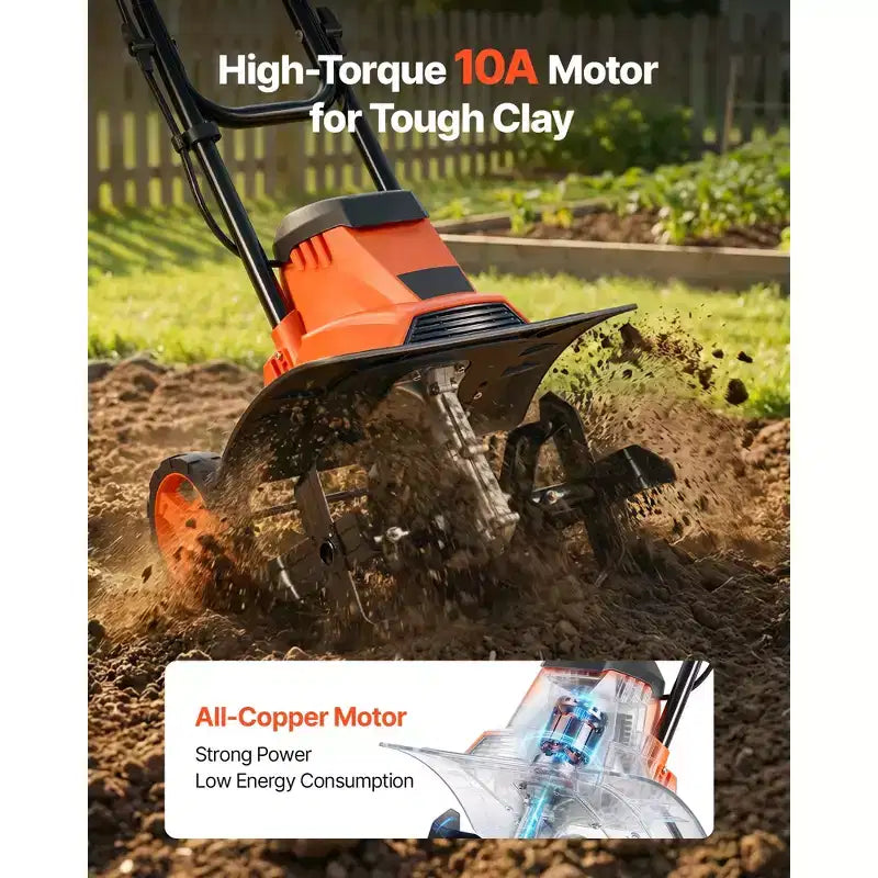 VEVOR Motoculteur electrique filaire, motoculteur de jardin largeur de labour 14 pouces, moteur 10 A, cultivateur avec dents en acier et poignee pliable, orange et noir