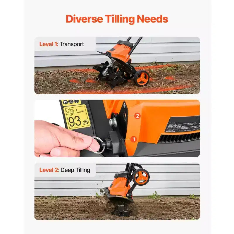 VEVOR Motoculteur electrique filaire, motoculteur de jardin largeur de labour 14 pouces, moteur 10 A, cultivateur avec dents en acier et poignee pliable, orange et noir