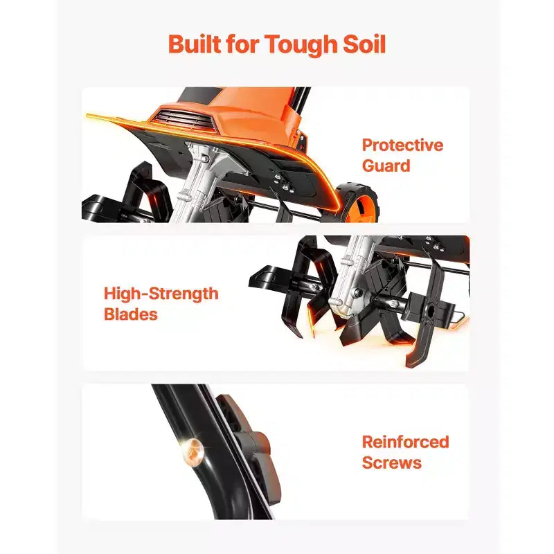 VEVOR Motoculteur electrique filaire, motoculteur de jardin largeur de labour 14 pouces, moteur 10 A, cultivateur avec dents en acier et poignee pliable, orange et noir