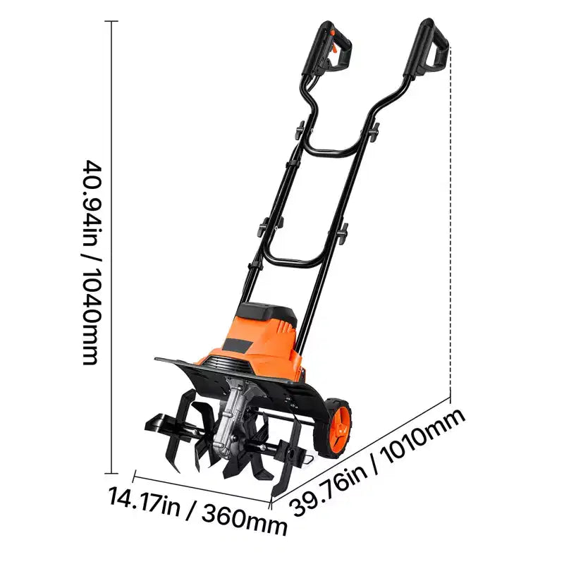 VEVOR Motoculteur electrique filaire, motoculteur de jardin largeur de labour 14 pouces, moteur 10 A, cultivateur avec dents en acier et poignee pliable, orange et noir