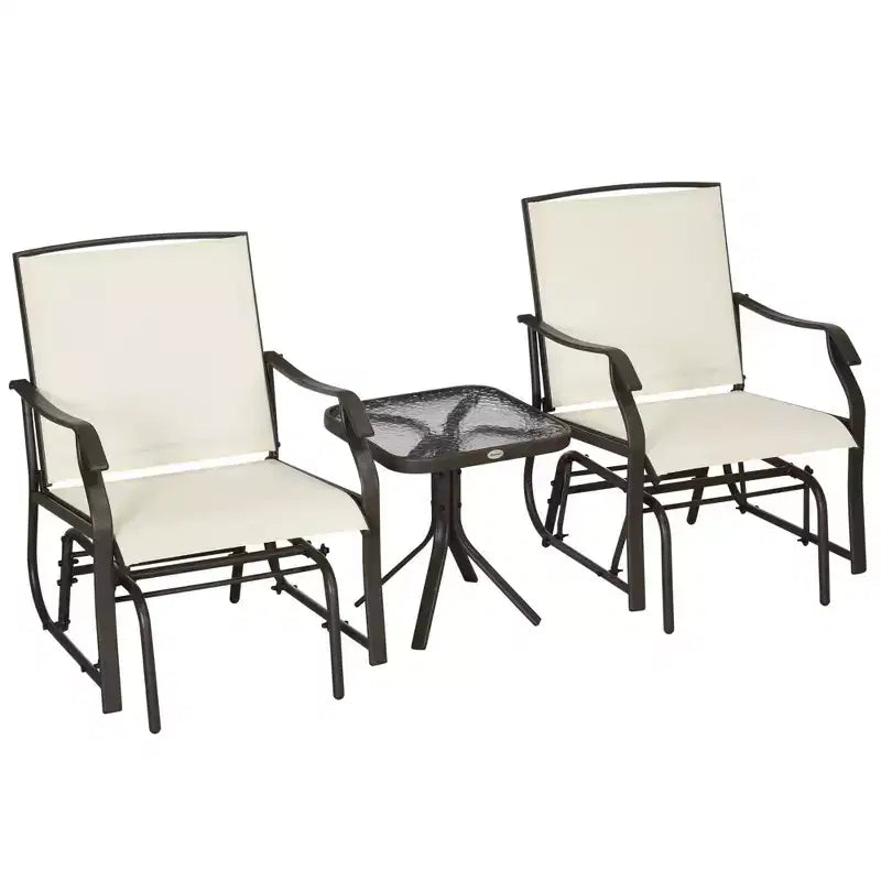 Ensemble de bistro 3 pièces avec fauteuils à bascule d'extérieur et table basse en verre trempé blanc crème