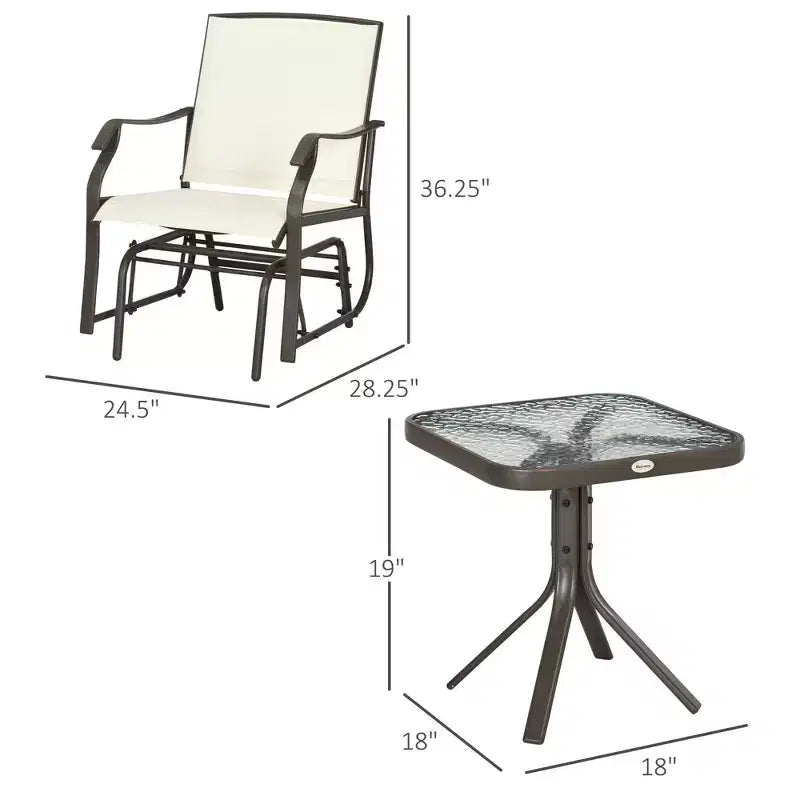 Ensemble de bistro 3 pièces avec fauteuils à bascule d'extérieur et table basse en verre trempé blanc crème