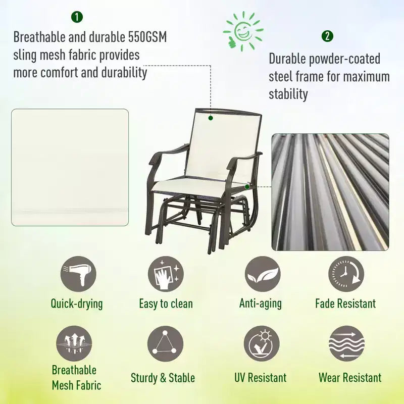 Ensemble de bistro 3 pièces avec fauteuils à bascule d'extérieur et table basse en verre trempé blanc crème
