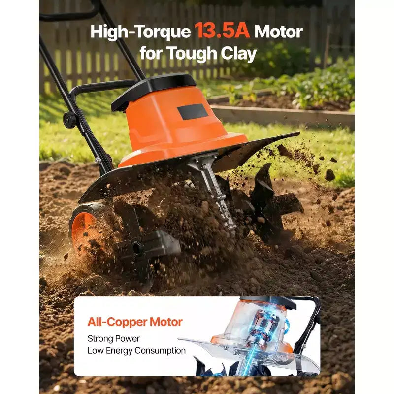 Motoculteur électrique filaire VEVOR, largeur de travail de 45,7 cm, motoculteur de jardin de 13,5 A, cultivateur avec dents en acier et poignée pliable, orange et noir
