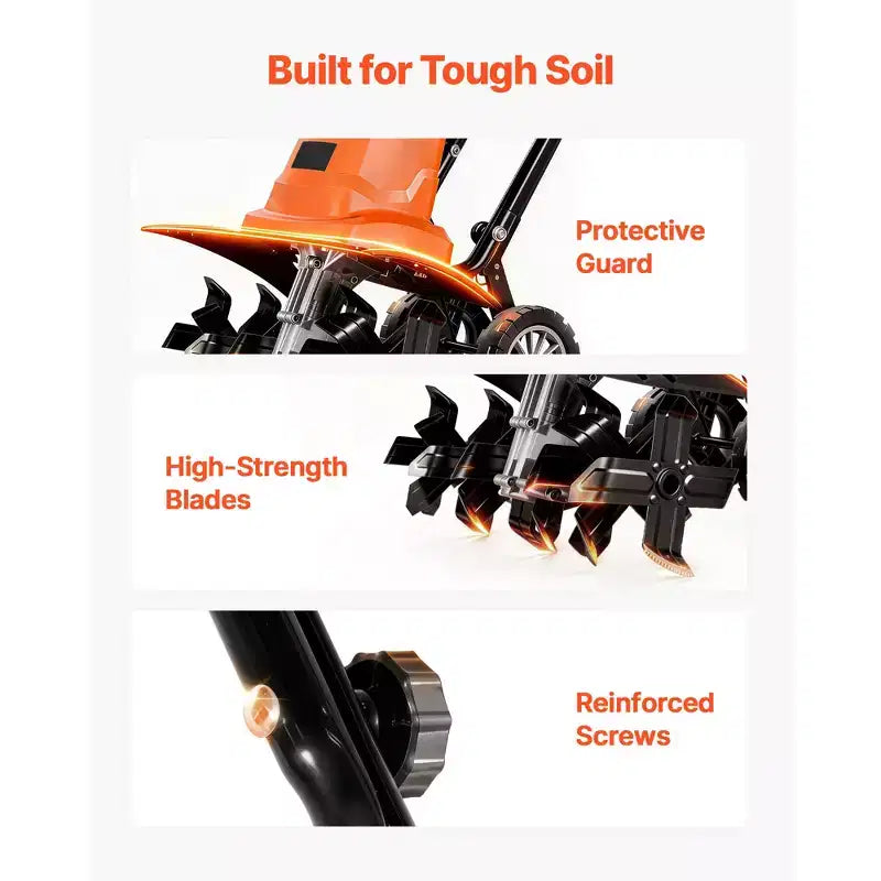 Motoculteur électrique filaire VEVOR, largeur de travail de 45,7 cm, motoculteur de jardin de 13,5 A, cultivateur avec dents en acier et poignée pliable, orange et noir