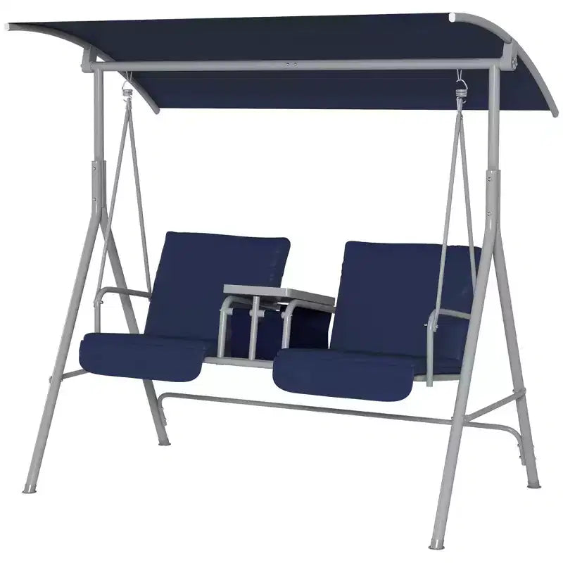Balancelle de patio 2 personnes avec auvent, table de rangement et porte-gobelets, bleu fonce