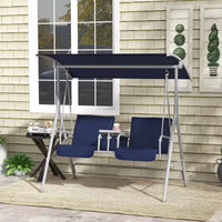 Balancelle de patio 2 personnes avec auvent, table de rangement et porte-gobelets, bleu fonce