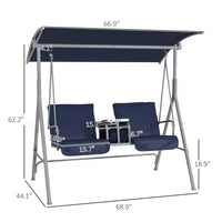 Balancelle de patio 2 personnes avec auvent, table de rangement et porte-gobelets, bleu fonce