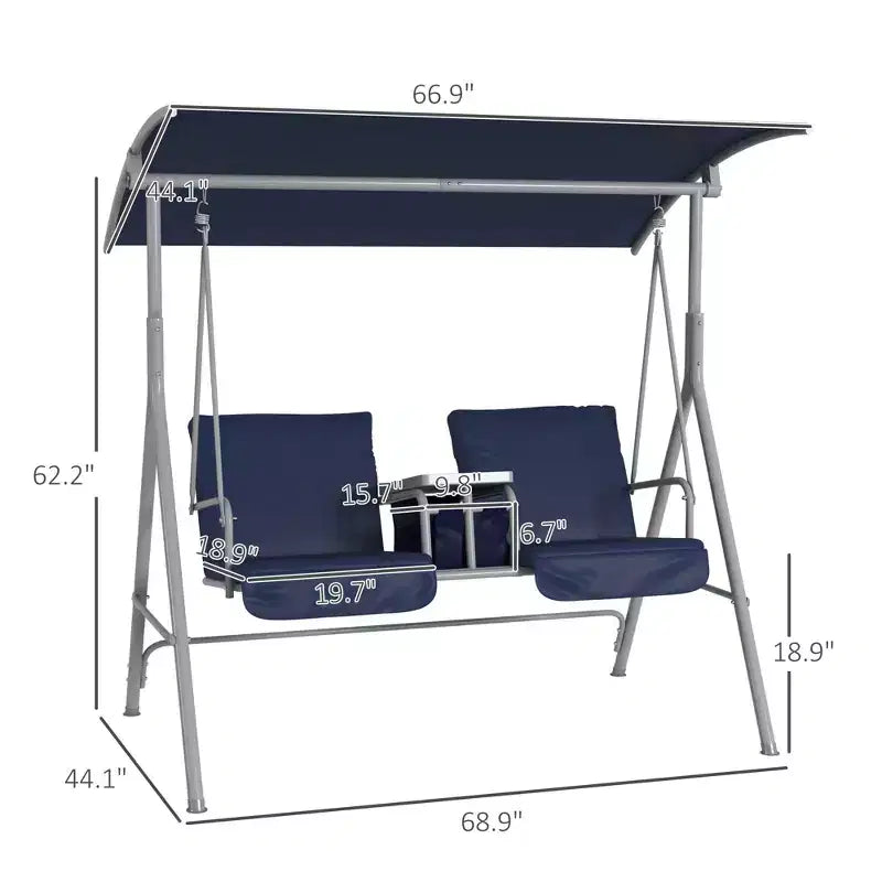 Balancelle de patio 2 personnes avec auvent, table de rangement et porte-gobelets, bleu fonce