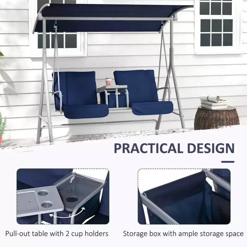 Balancelle de patio 2 personnes avec auvent, table de rangement et porte-gobelets, bleu fonce
