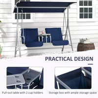 Balancelle de patio 2 personnes avec auvent, table de rangement et porte-gobelets, bleu fonce