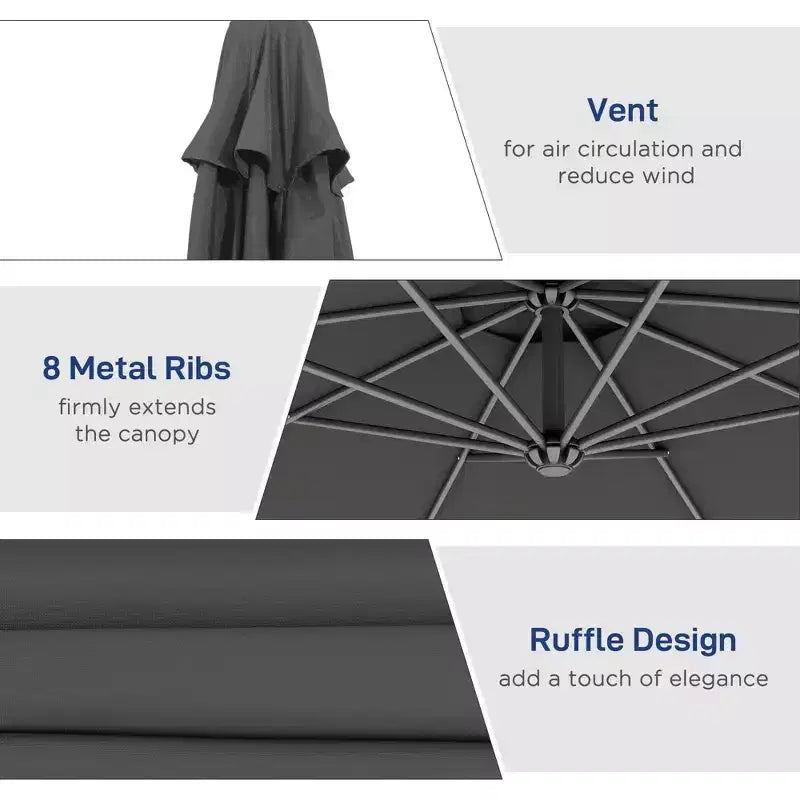 Parasol de patio cantilever inclinable deporte 10', materiau resistant aux UV et à l'eau, avec base en croix (poids non inclus)