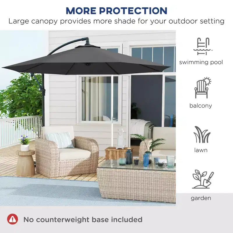 Parasol de patio cantilever inclinable deporte 10', materiau resistant aux UV et à l'eau, avec base en croix (poids non inclus)