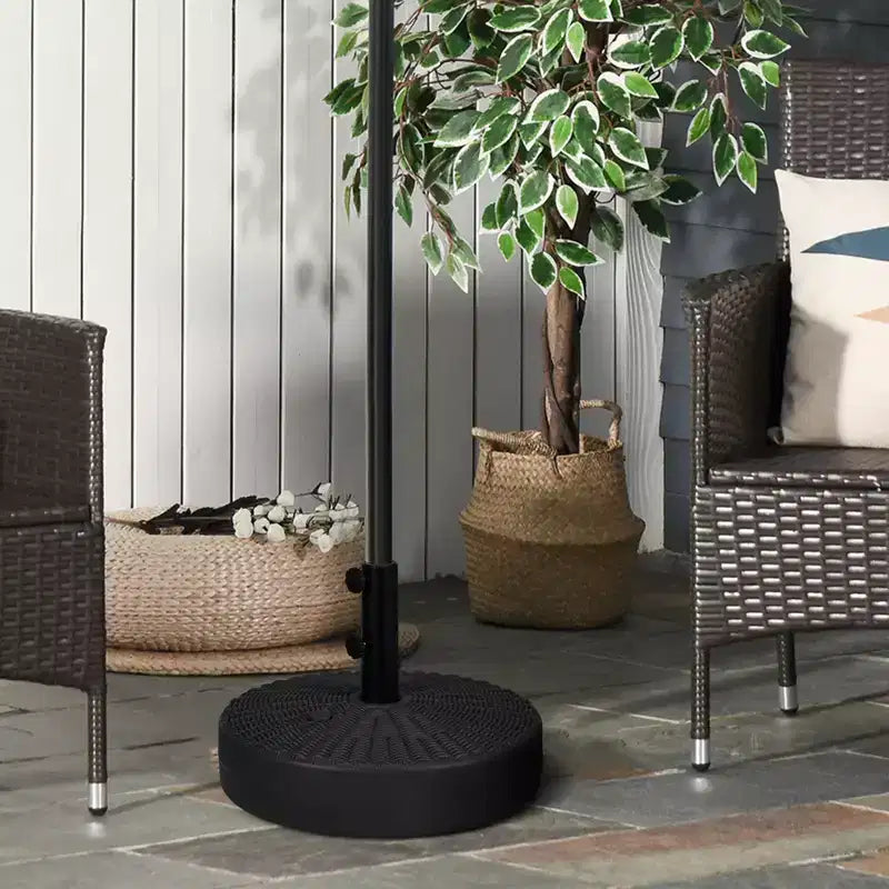Pied de parasol pour mâts de 1,5 ou 2, base de parasol ronde à remplir pour l'extérieur, la pelouse, la terrasse.