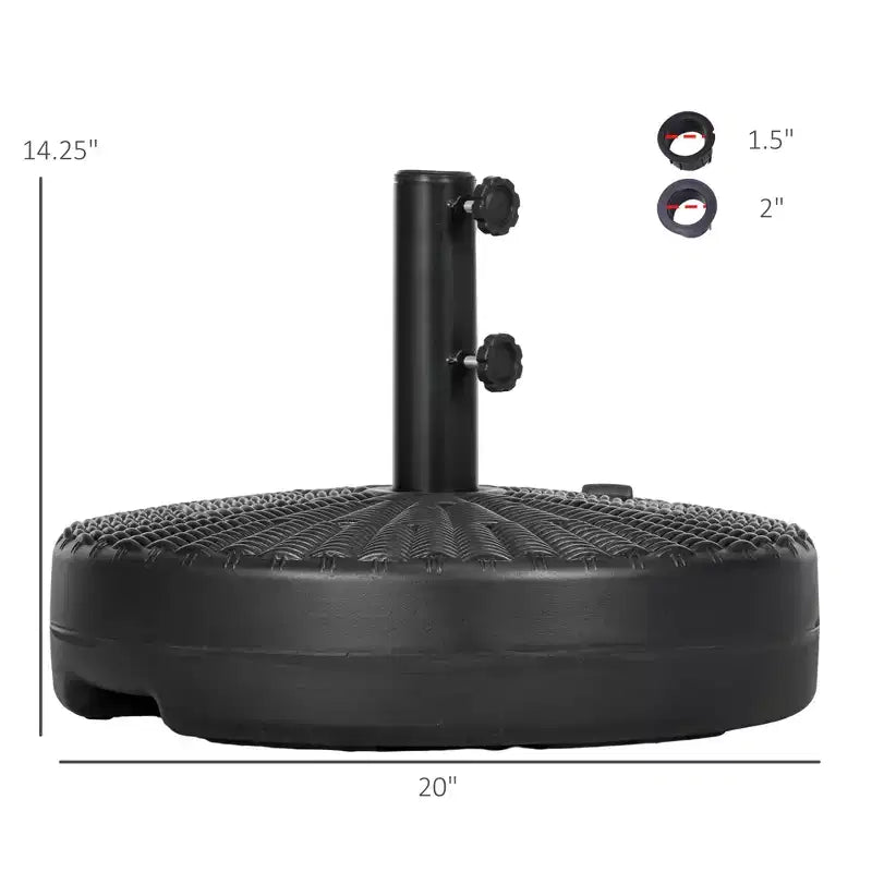 Pied de parasol pour mâts de 1,5 ou 2, base de parasol ronde à remplir pour l'extérieur, la pelouse, la terrasse.