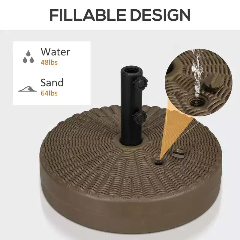 Pied de parasol pour mâts de 1,5 ou 2, base de parasol ronde à remplir pour l'extérieur, la pelouse, la terrasse.